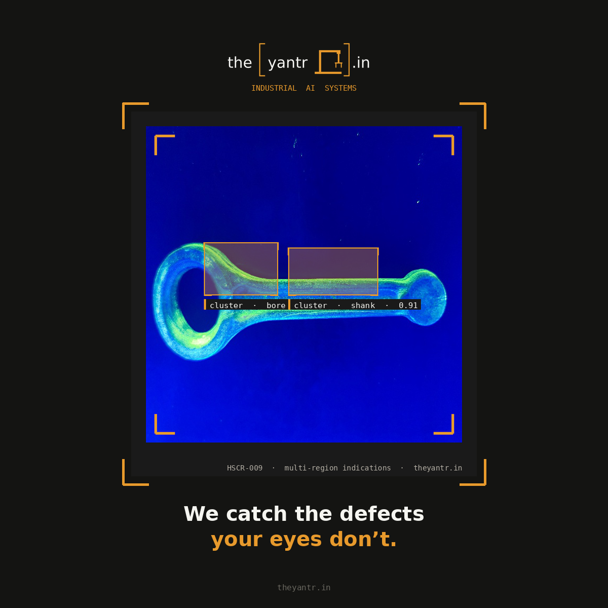 Connecting rod under UV light with multi-region MPI defect indications detected by the model